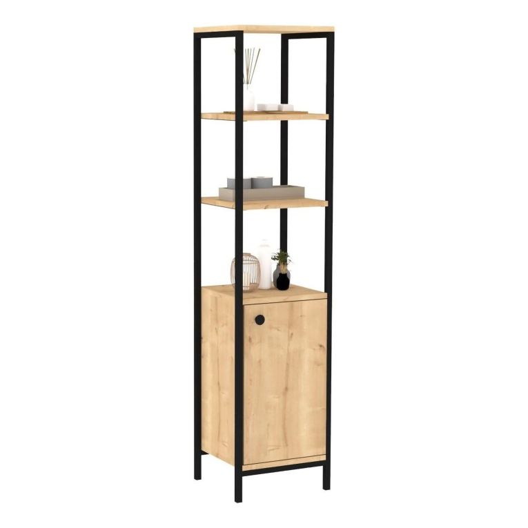 Mobile Colonna Marrone Rovere Nero Antracite 3 Ripiani Un'anta 162x34x38h cm, 4 Vani - Sabaudia