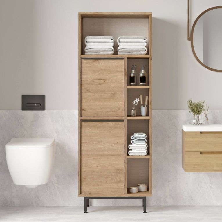 Mobile colonna Mimas, Pensile bagno o cucina, Armadio alto multifunzione, Mobiletto multiuso, 160x36 h45 cm, Noce