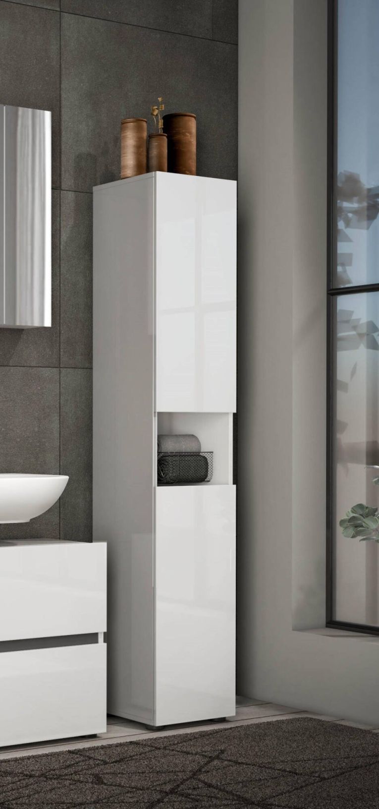 Mobile colonna Nigel, Pensile bagno o cucina, Armadio alto multifunzione, Mobiletto multiuso, Made in Italy, 34x34h180 cm, Bianco lucido