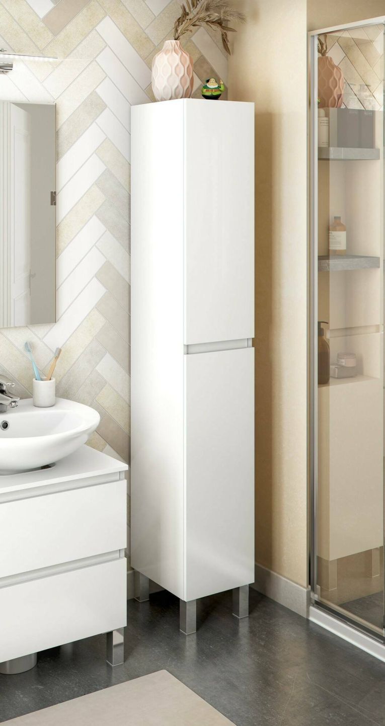 Mobile colonna Pifer, Pensile bagno o cucina, Armadio alto multifunzione, Mobiletto multiuso, 30x35 h182 cm, Bianco lucido