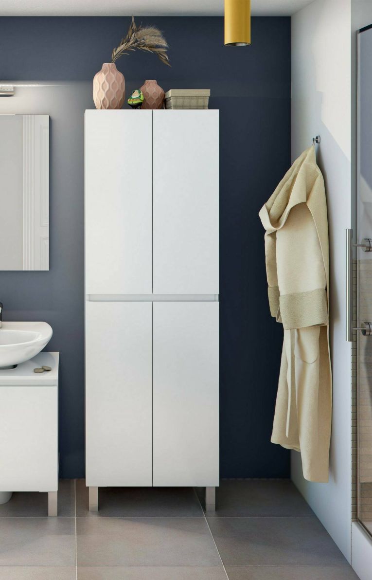 Mobile colonna Sarasota, Pensile bagno o cucina, Armadio alto multifunzione, Mobiletto multiuso, 60x35 h182 cm, Bianco lucido
