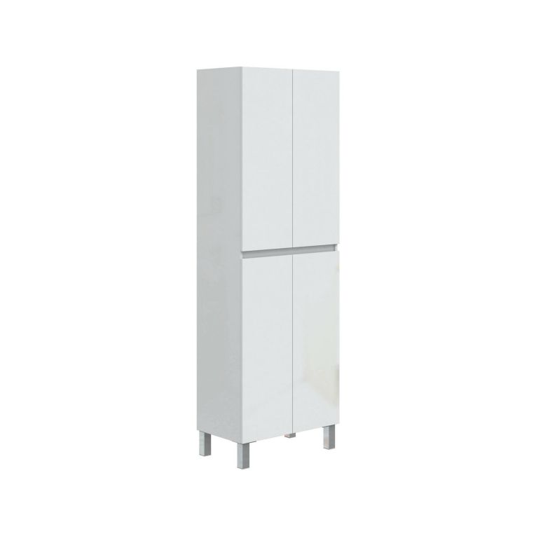 Mobile colonna Sarasota, Pensile bagno o cucina, Armadio alto multifunzione, Mobiletto multiuso, 60x35 h182 cm, Bianco lucido