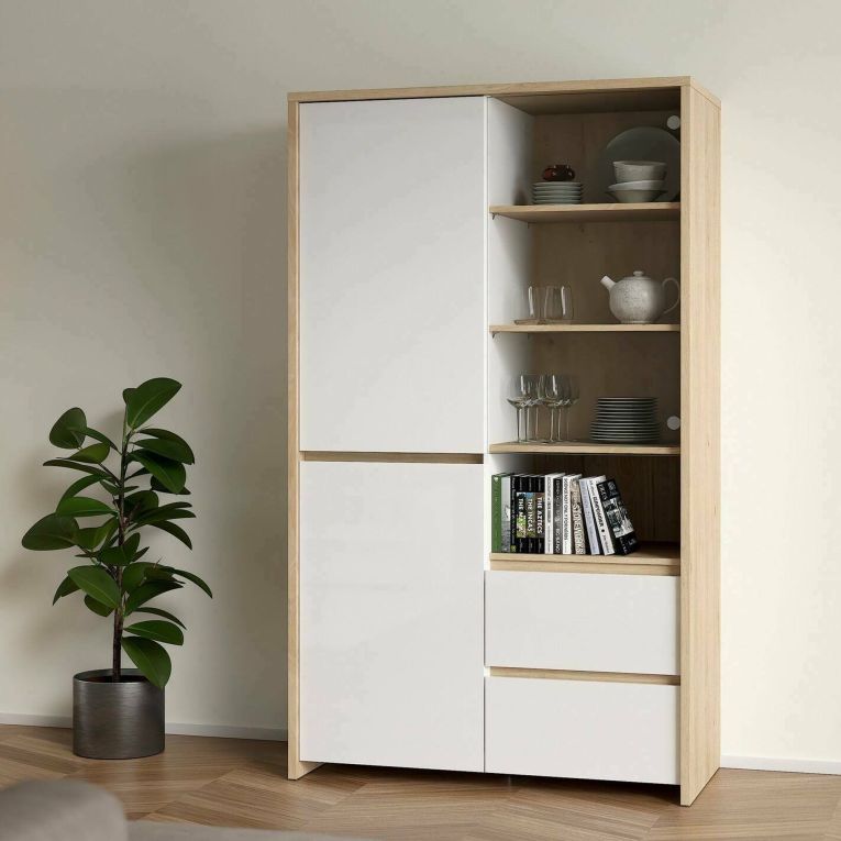 Mobile con vetrina 3 ante 100x48x170h cm rovere e bianco lucido - Reykjavik