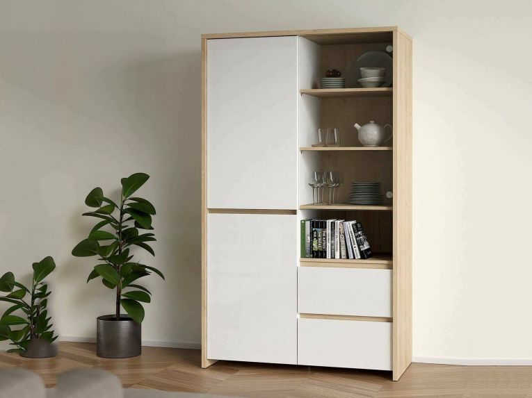 Mobile con vetrina 3 ante 100x48x170h cm rovere e bianco lucido - Reykjavik