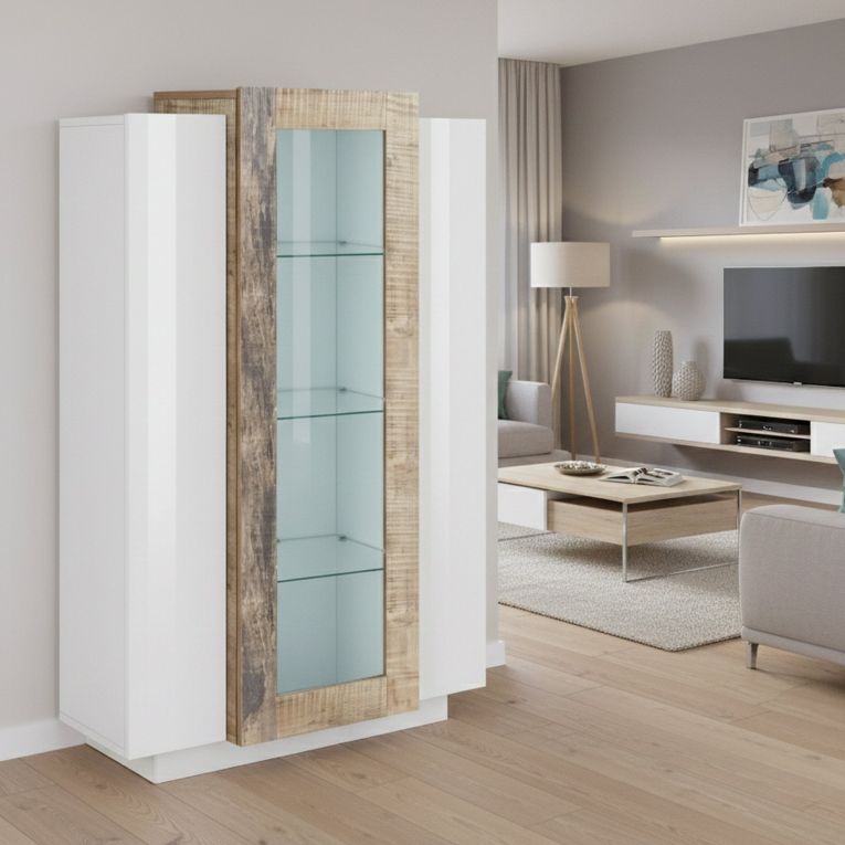 Mobile con vetrina 3 ante salotto 80x38x121h cm bianco lucido e acero - Ablaze