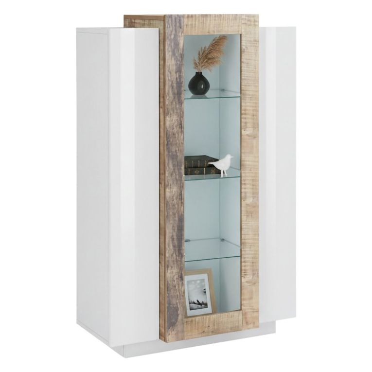 Mobile con vetrina 3 ante salotto 80x38x121h cm bianco lucido e acero - Ablaze