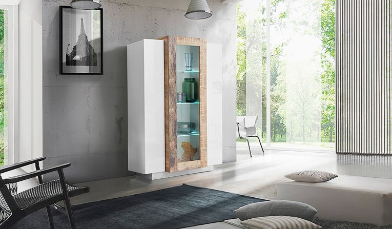 Mobile con vetrina 3 ante salotto 80x38x121h cm bianco lucido e acero - Ablaze