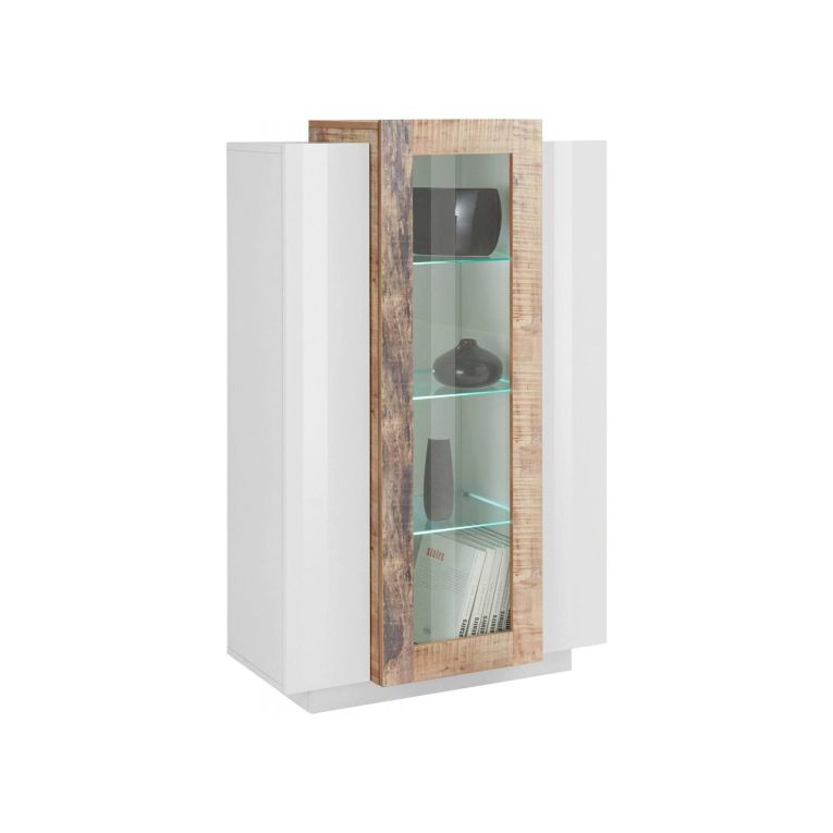 Mobile con vetrina 3 ante salotto 80x38x121h cm bianco lucido e acero - Ablaze