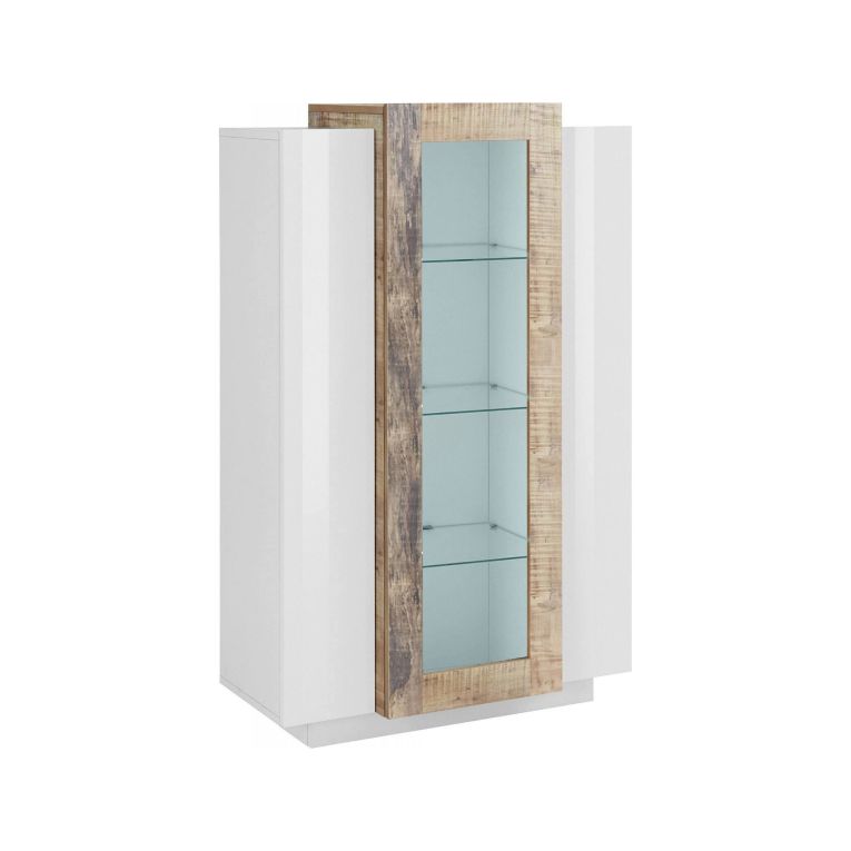 Mobile con vetrina 3 ante salotto 80x38x121h cm bianco lucido e acero - Ablaze