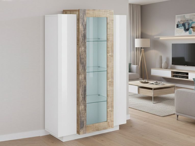 Mobile con vetrina 3 ante salotto 80x38x121h cm bianco lucido e acero - Ablaze