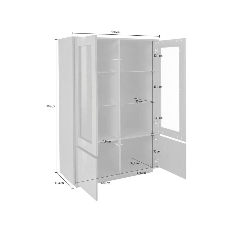 Mobile con vetrina 4 ante 100x41x146h cm bianco lucido e noce - Agostino