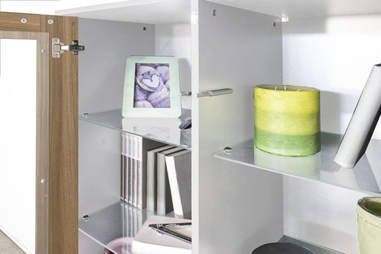Mobile con vetrina 4 ante 100x41x146h cm bianco lucido e noce - Agostino