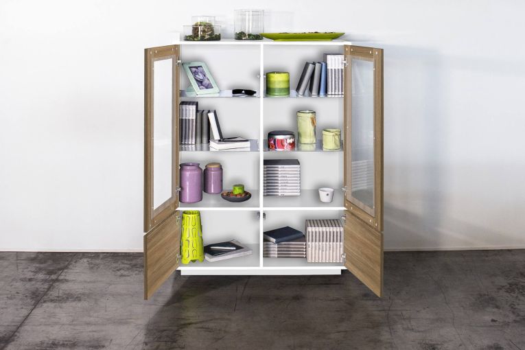 Mobile con vetrina 4 ante 100x41x146h cm bianco lucido e noce - Agostino