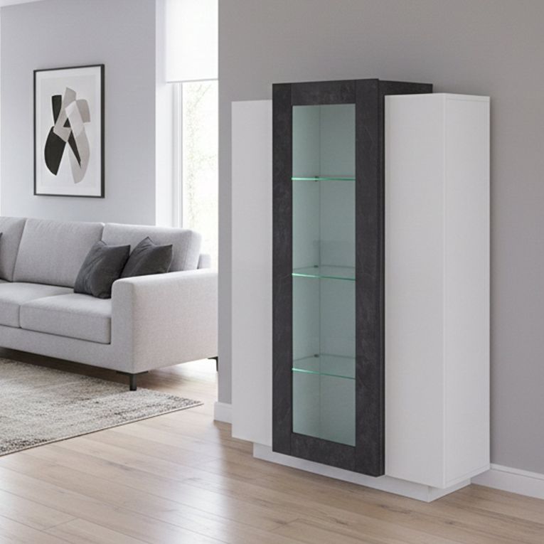 Mobile con vetrina da soggiorno 3 ante 80x38x121h cm bianco lucido e ardesia - Ablaze
