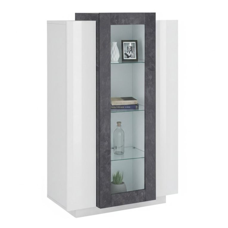 Mobile con vetrina da soggiorno 3 ante 80x38x121h cm bianco lucido e ardesia - Ablaze