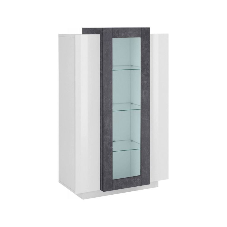 Mobile con vetrina da soggiorno 3 ante 80x38x121h cm bianco lucido e ardesia - Ablaze