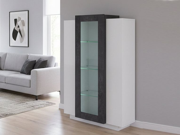 Mobile con vetrina da soggiorno 3 ante 80x38x121h cm bianco lucido e ardesia - Ablaze