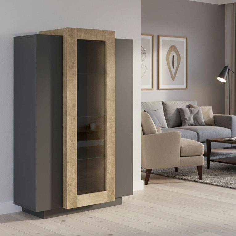 Mobile con vetrina design 3 ante 80x38x121h cm antracite e acero - Ablaze
