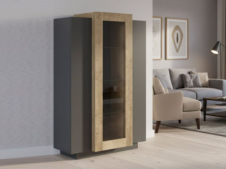 Mobile con vetrina design 3 ante 80x38x121h cm antracite e acero - Ablaze