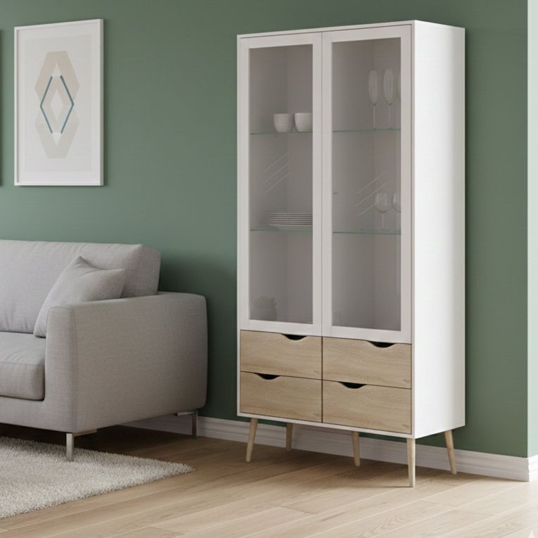 Mobile con vetrina scandi 2 ante 98x39x200h cm bianco e quercia - Amedeo