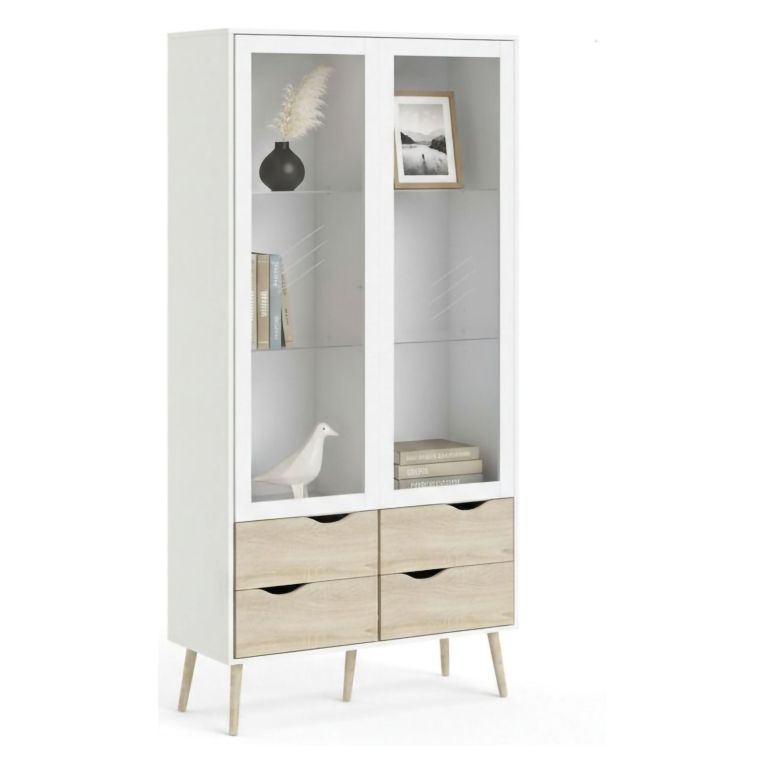 Mobile con vetrina scandi 2 ante 98x39x200h cm bianco e quercia - Amedeo