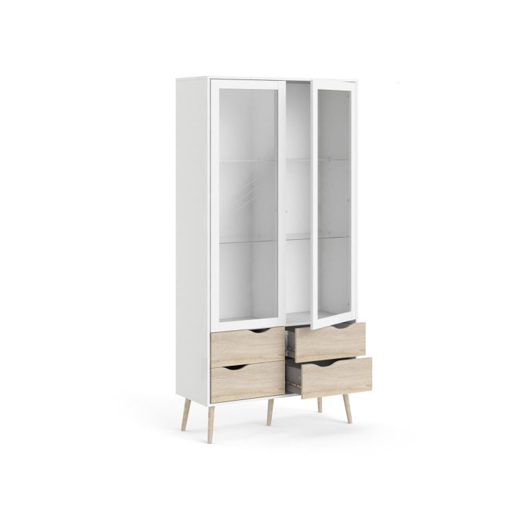 Mobile con vetrina scandi 2 ante 98x39x200h cm bianco e quercia - Amedeo