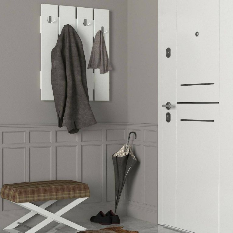 Mobile da ingresso Aldebaran, Entratina appendiabiti, Composizione per atrio, Consolle portaoggetti multifunzione, 65x4 h80 cm, Bianco