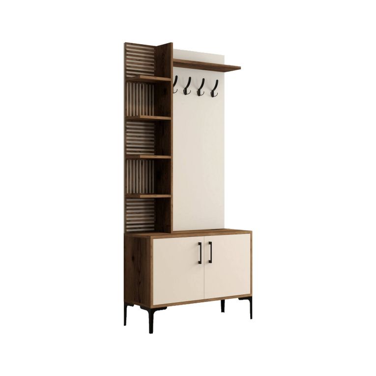 Mobile da ingresso Armus, Entratina appendiabiti, Composizione per atrio, Consolle portaoggetti multifunzione, 90x35 h200 cm, Noce e Crema