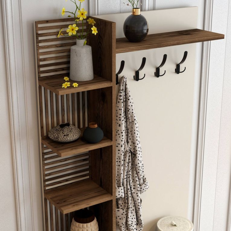 Mobile da ingresso Armus, Entratina appendiabiti, Composizione per atrio, Consolle portaoggetti multifunzione, 90x35 h200 cm, Noce e Crema