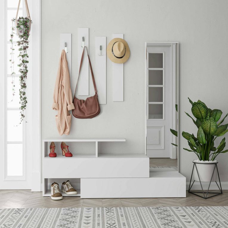Mobile da ingresso Atik, Entratina appendiabiti, Composizione per atrio, Consolle portaoggetti multifunzione, 137x35 h55 cm, Bianco