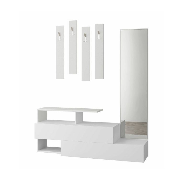 Mobile da ingresso Atik, Entratina appendiabiti, Composizione per atrio, Consolle portaoggetti multifunzione, 137x35 h55 cm, Bianco