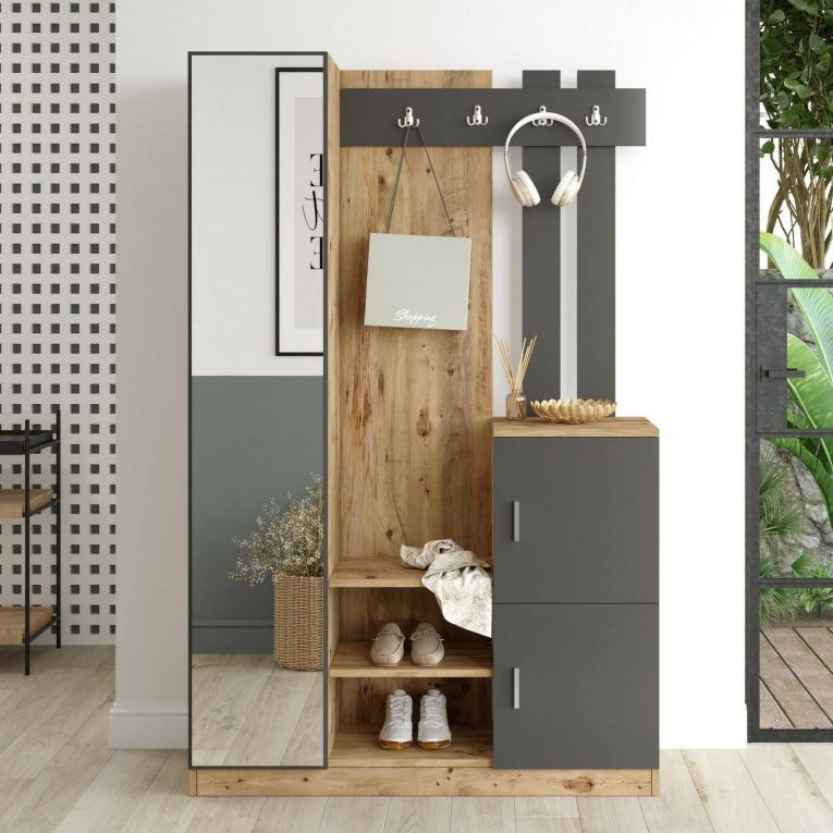 Mobile da ingresso Australis, Entratina moderna, Appendiabiti da parete, Consolle portaoggetti multifunzione, 114x38h180 cm, Quercia e Antracite