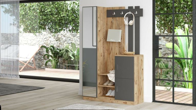Mobile da ingresso Australis, Entratina moderna, Appendiabiti da parete, Consolle portaoggetti multifunzione, 114x38h180 cm, Quercia e Antracite