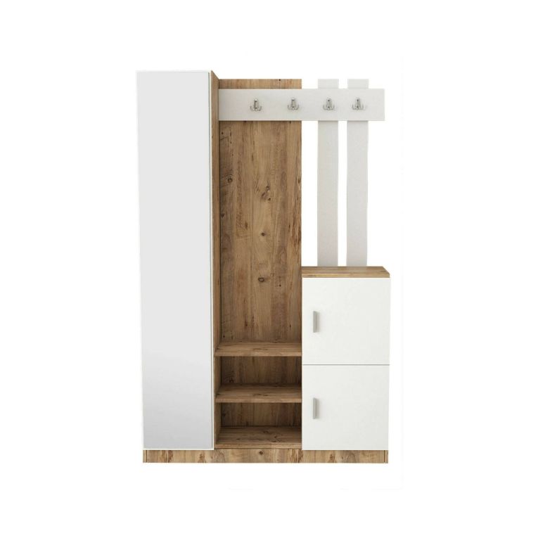 Mobile da ingresso Australis, Entratina moderna, Appendiabiti da parete, Consolle portaoggetti multifunzione, 114x38h180 cm, Quercia e Bianco