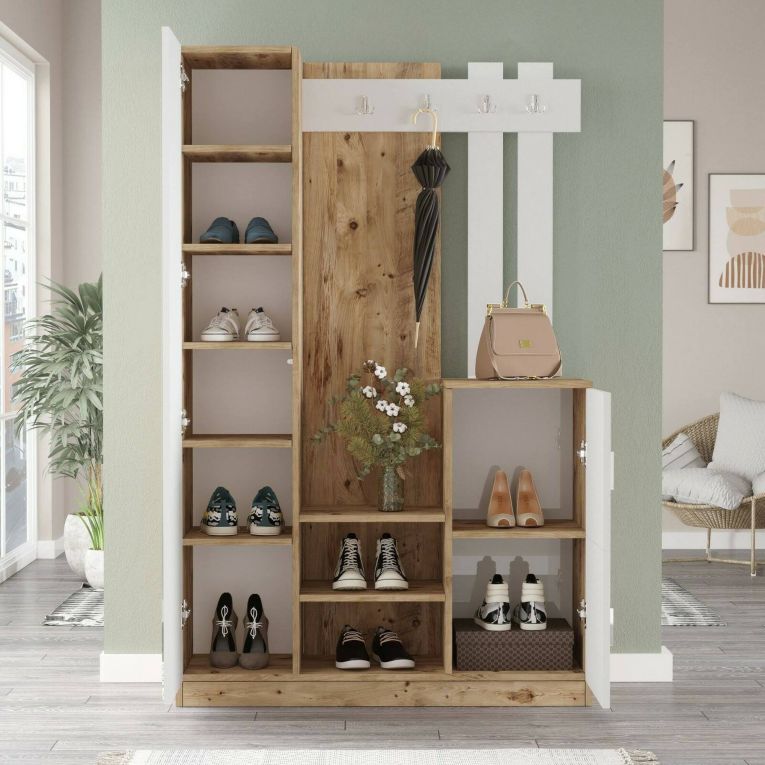 Mobile da ingresso Australis, Entratina moderna, Appendiabiti da parete, Consolle portaoggetti multifunzione, 114x38h180 cm, Quercia e Bianco