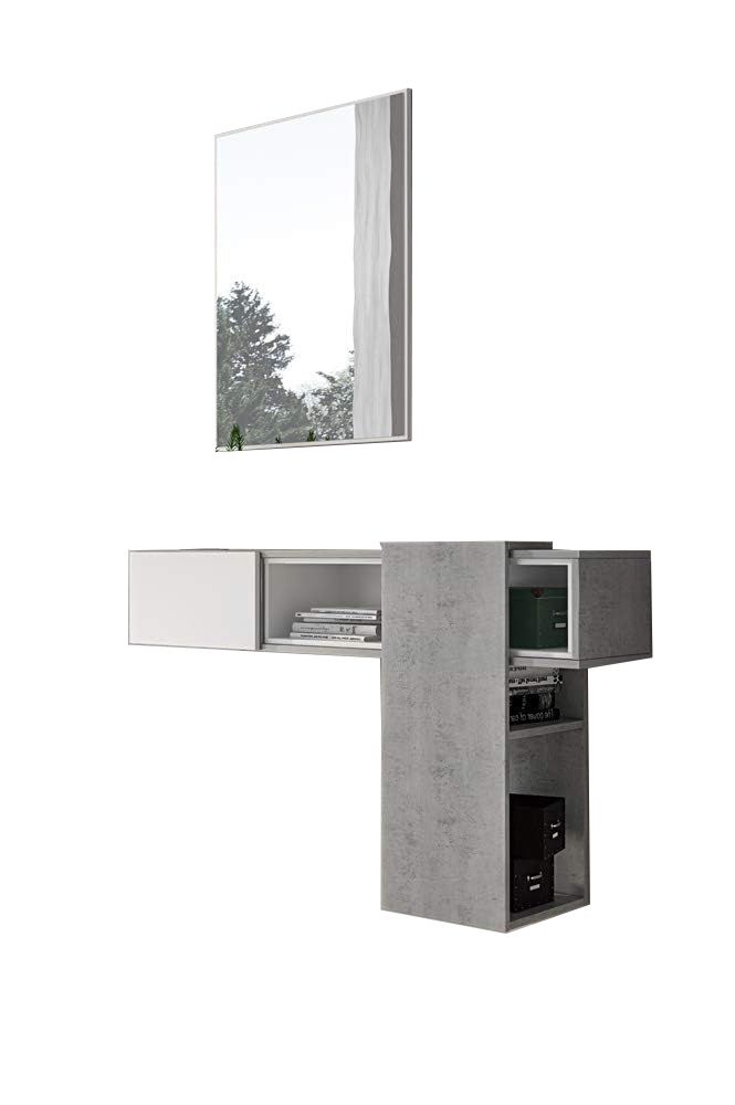 Mobile da ingresso Baffin, Entratina appendiabiti, Composizione per atrio, Consolle portaoggetti multifunzione, 100x31h75 cm, Cemento e Bianco