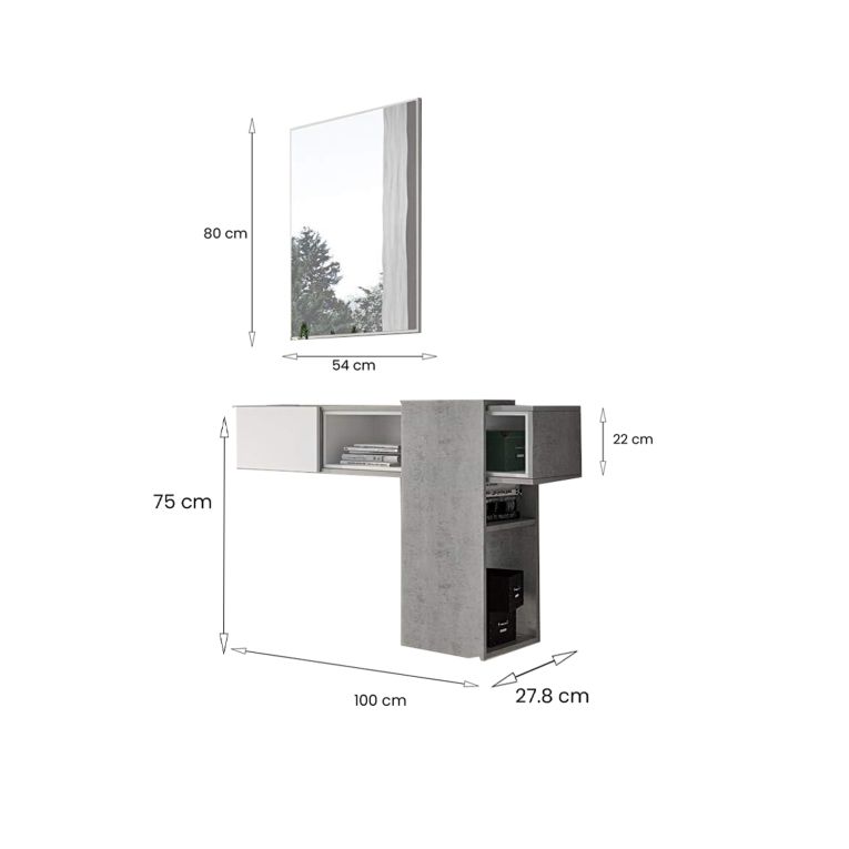 Mobile da ingresso Baffin, Entratina appendiabiti, Composizione per atrio, Consolle portaoggetti multifunzione, 100x31h75 cm, Cemento e Bianco