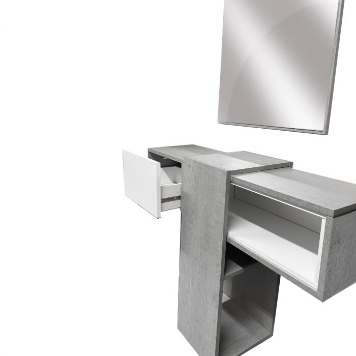 Mobile da ingresso Baffin, Entratina appendiabiti, Composizione per atrio, Consolle portaoggetti multifunzione, 100x31h75 cm, Cemento e Bianco