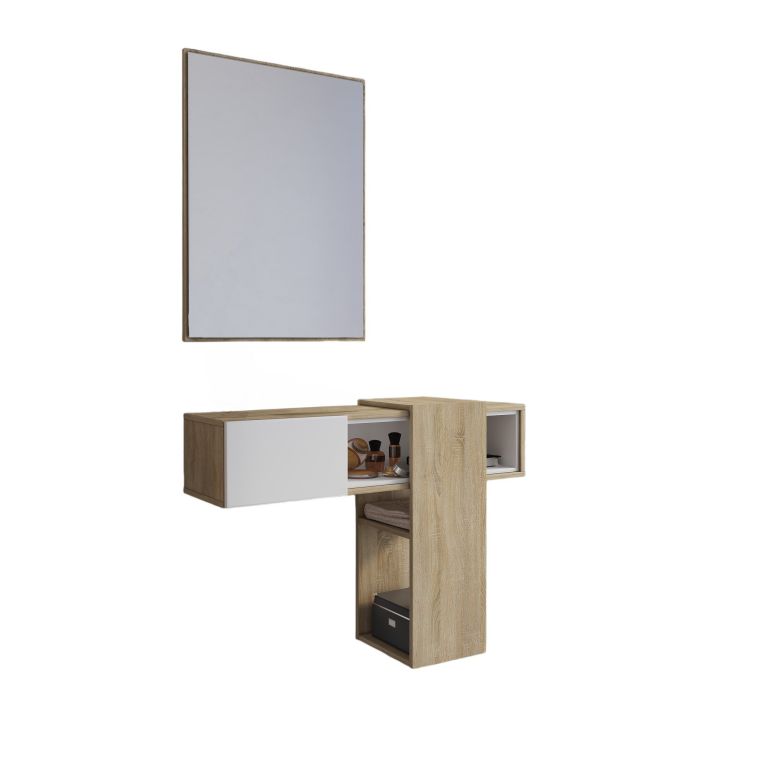 Mobile da ingresso Baffin, Entratina appendiabiti, Composizione per atrio, Consolle portaoggetti multifunzione, 100x31h75 cm, Rovere e Bianco