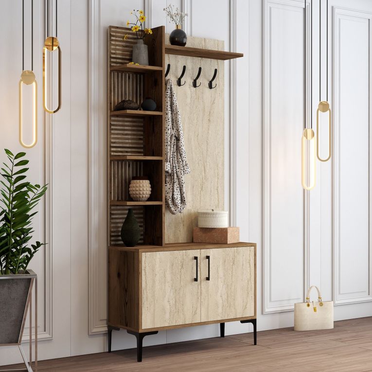 Mobile da Ingresso Beige Marmo Marrone Noce Appendiabiti 7 Ripiani 90x35x200h cm, Apertura Battente - Loceri