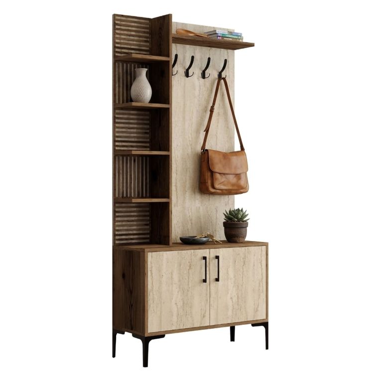 Mobile da Ingresso Beige Marmo Marrone Noce Appendiabiti 7 Ripiani 90x35x200h cm, Apertura Battente - Loceri