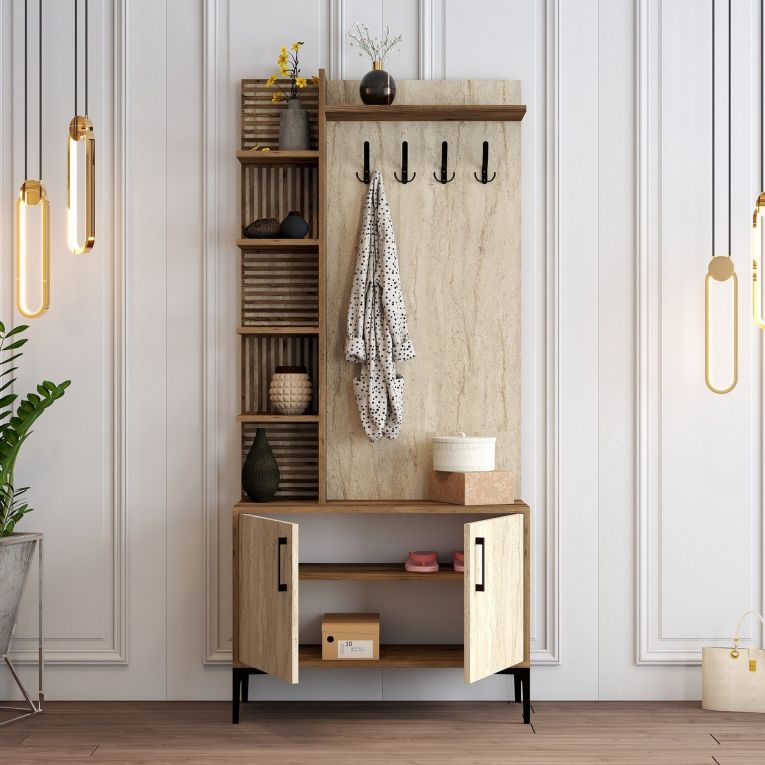 Mobile da Ingresso Beige Marmo Marrone Noce Appendiabiti 7 Ripiani 90x35x200h cm, Apertura Battente - Loceri