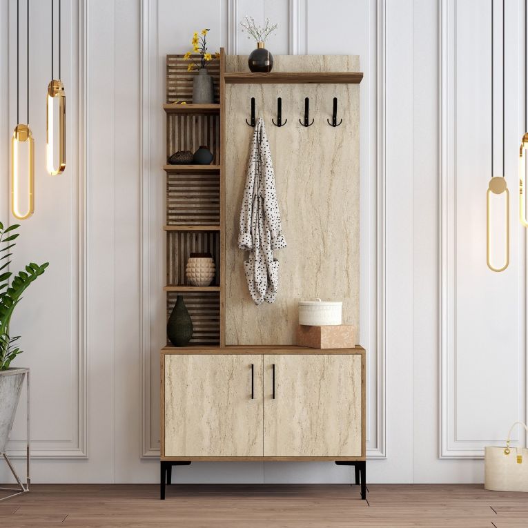 Mobile da Ingresso Beige Marmo Marrone Noce Appendiabiti 7 Ripiani 90x35x200h cm, Apertura Battente - Loceri