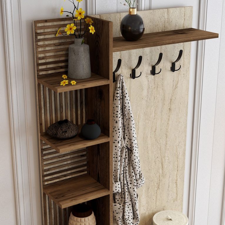 Mobile da Ingresso Beige Marmo Marrone Noce Appendiabiti 7 Ripiani 90x35x200h cm, Apertura Battente - Loceri