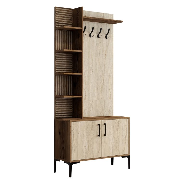 Mobile da Ingresso Beige Marmo Marrone Noce Appendiabiti 7 Ripiani 90x35x200h cm, Apertura Battente - Loceri