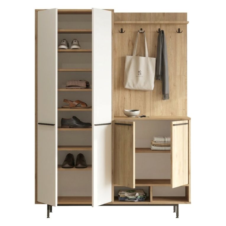 Mobile da Ingresso Beige Marrone Rovere Appendiabiti 12 Ripiani 147x36x196h cm, Apertura Battente - Tignale