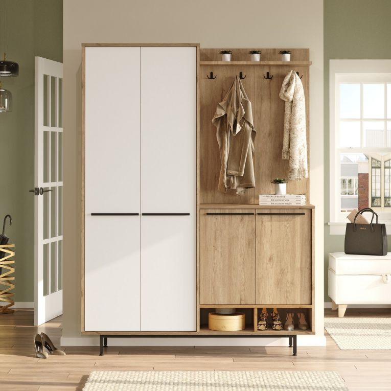 Mobile da Ingresso Beige Marrone Rovere Appendiabiti 12 Ripiani 147x36x196h cm, Apertura Battente - Tignale