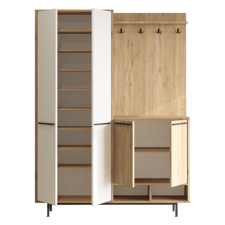 Mobile da Ingresso Beige Marrone Rovere Appendiabiti 12 Ripiani 147x36x196h cm, Apertura Battente - Tignale