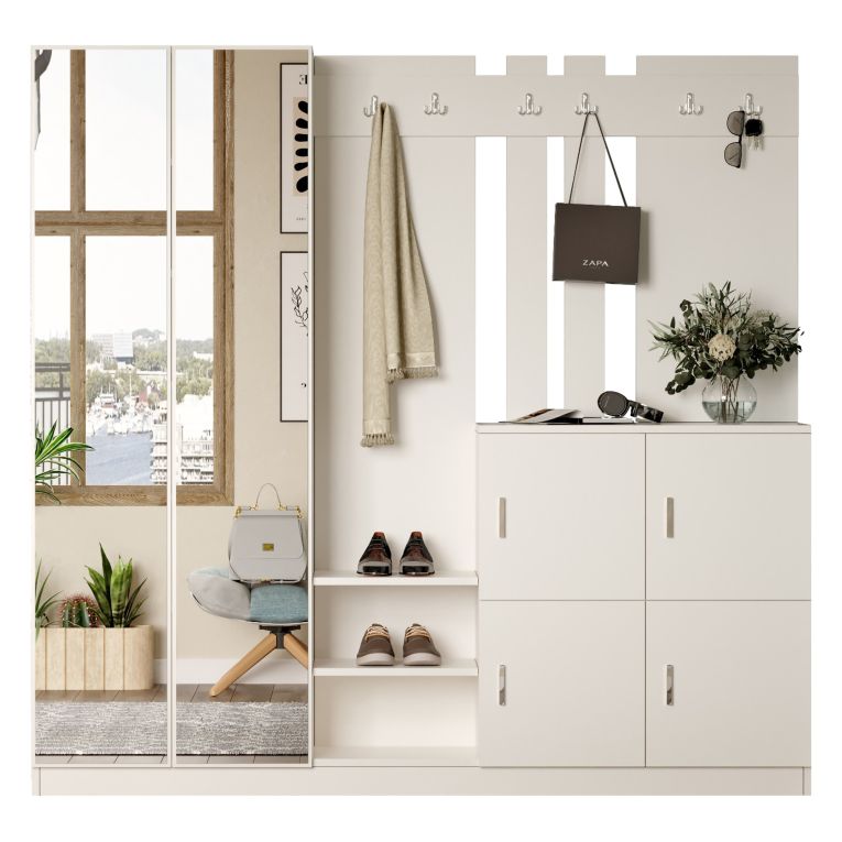 Mobile da Ingresso Beige Specchio Incluso Appendiabiti 187x38x180h cm, 9 Ripiani - Noviglio