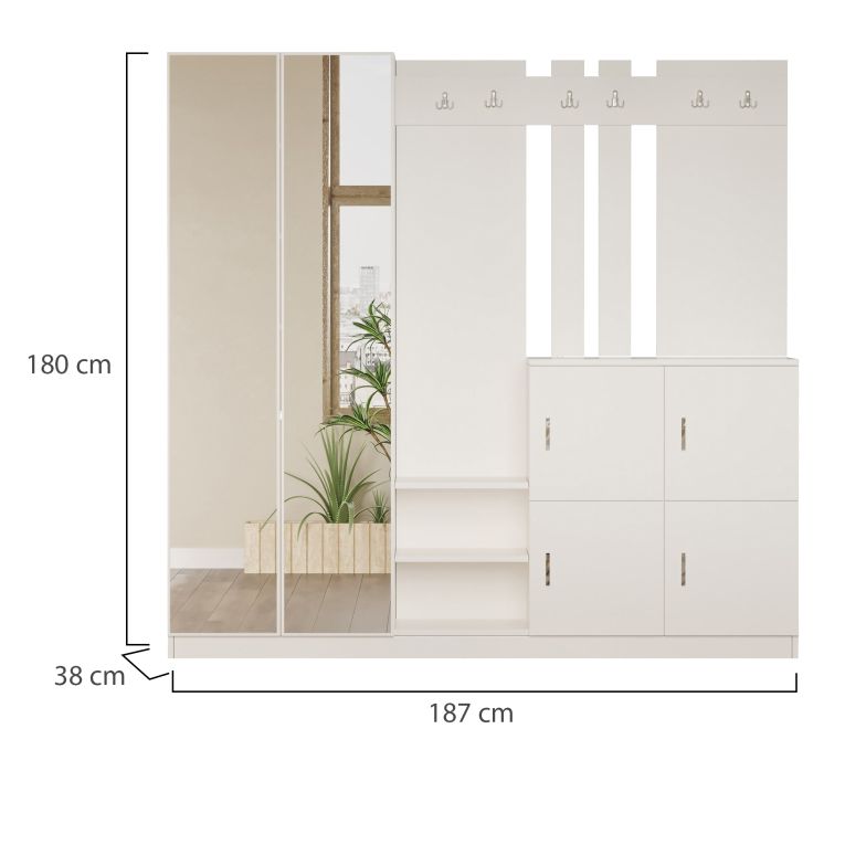 Mobile da Ingresso Beige Specchio Incluso Appendiabiti 187x38x180h cm, 9 Ripiani - Noviglio